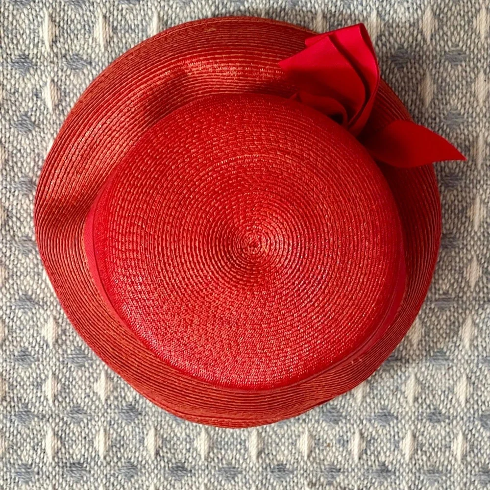 Vintage Red Straw Cloche Hat with Bow‎ Union Made Formal Occasion